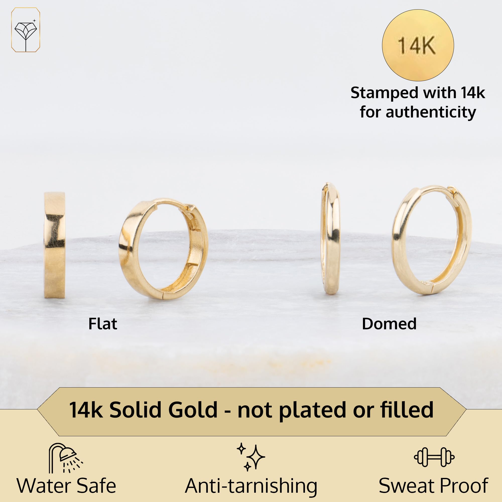 14K Solid Yellow Gold Huggie Earrings | Hypoallergenic Domed or Flat Style Small Hoop Earrings in Sizes 10mm, 12mm & 14mm | Small Gold Hoops by MAX + STONE: Domed Style|14MM