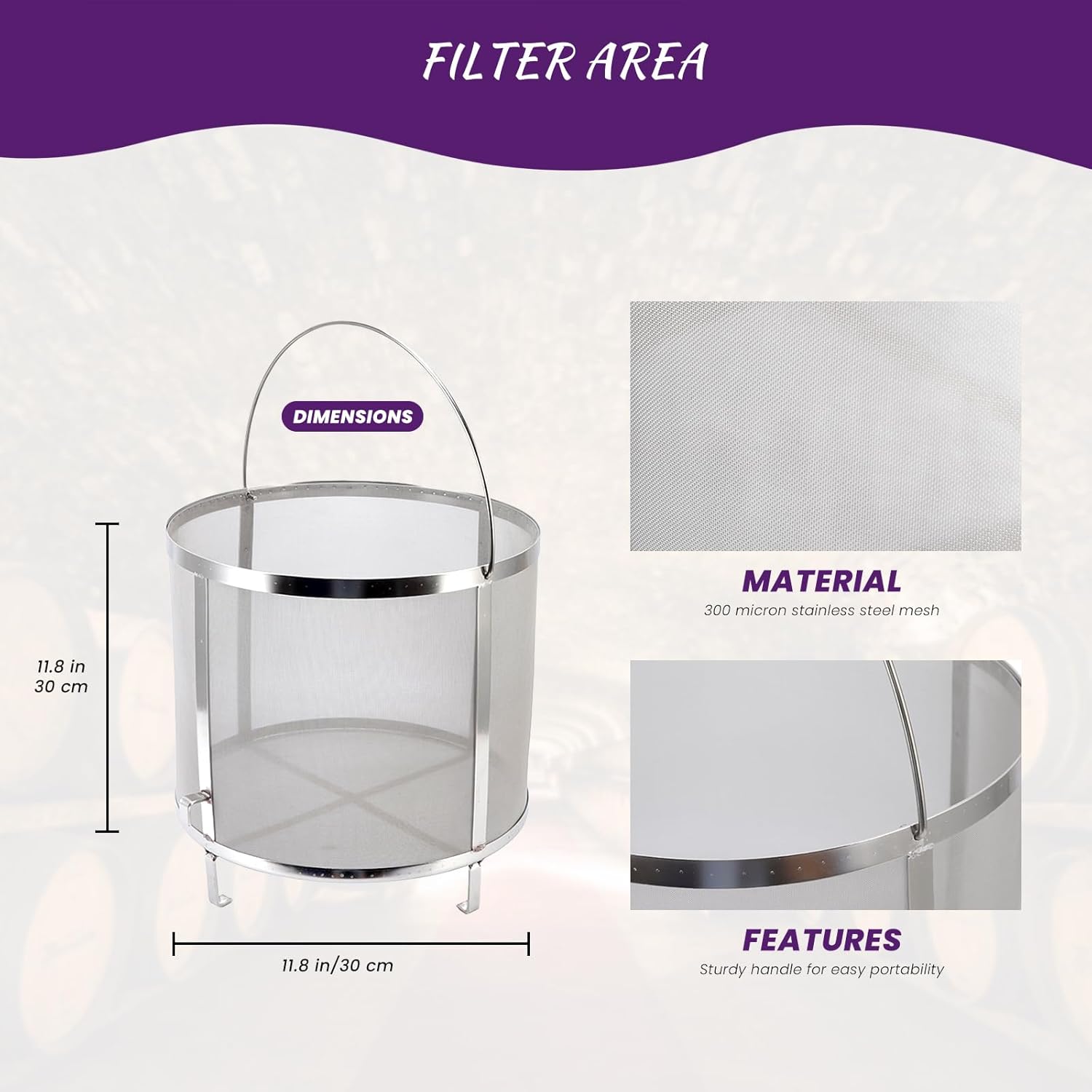 Topyond Hop Filter, 11.8" x 11.4" Stainless Steel Brewing Hop Strainer with Stand, Beer Hop Filter for Homemade Beer and Wine, Fine Mesh Filter for Brewing Equipment (11.8x11.4inch)