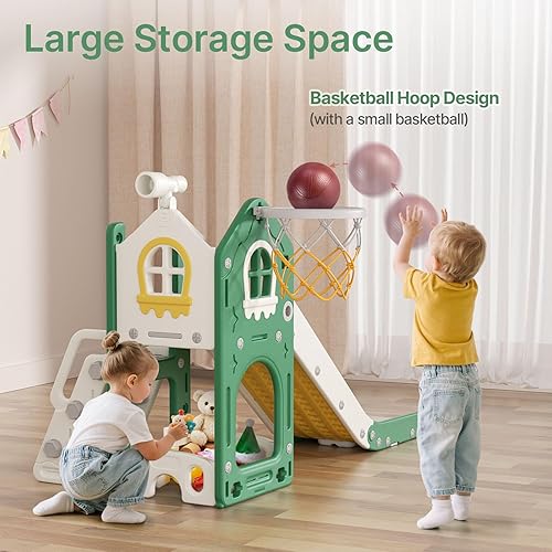 Miniatura 3 de BIERUM - Tobogán 5 en 1 para niños pequeños - Tobogán en forma de L para niños de 1 a 3 años con aro de baloncesto, juguete telescópico y