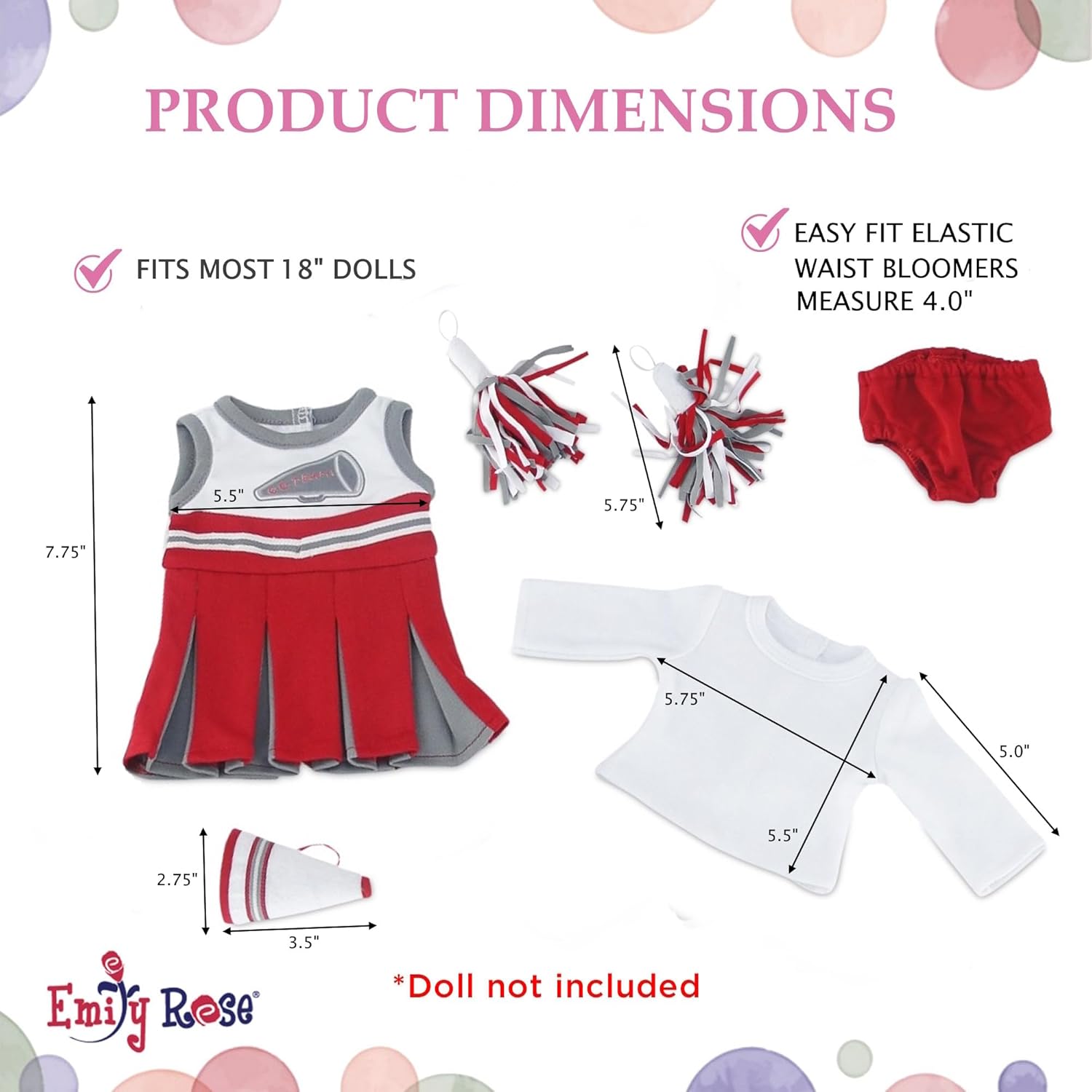 Emily Rose 18 Inch Doll Cheerleader Outfit – 5 Pc Doll Cheer Uniform Set with Dress, Pom Poms, Megaphone & Shirt – Fits American Girl Dolls & Most 18" Dolls – Cheerleading Doll Clothes Gift Set