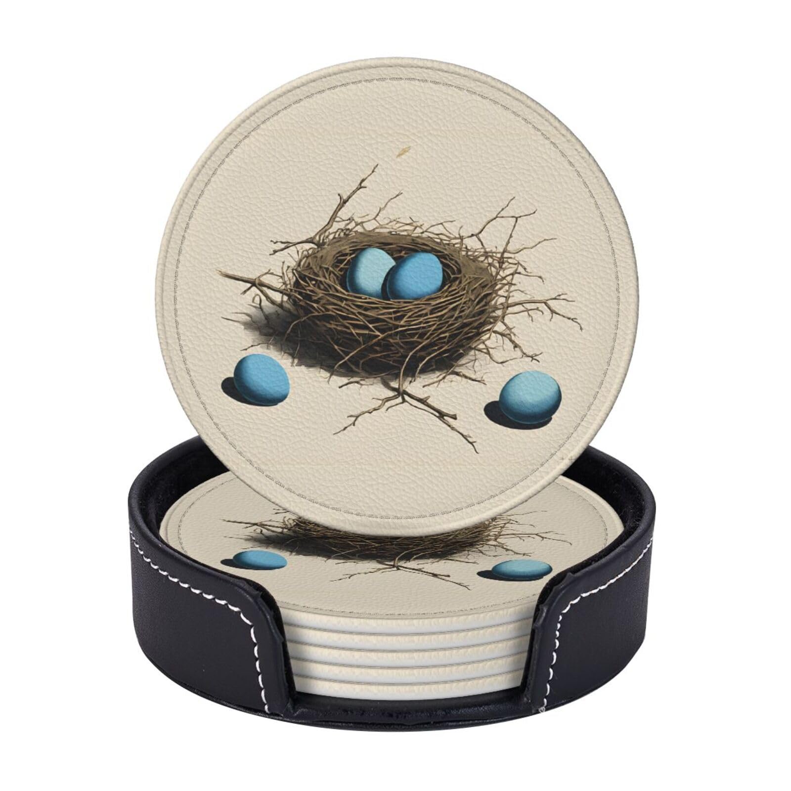 Coasters Set of 6 Microfiber PU leather Coasters with Holders for Drinks Coffee Bar Accessories, House Apartment Coffee Table Decor, Housewarming Gifts - Birds Nest