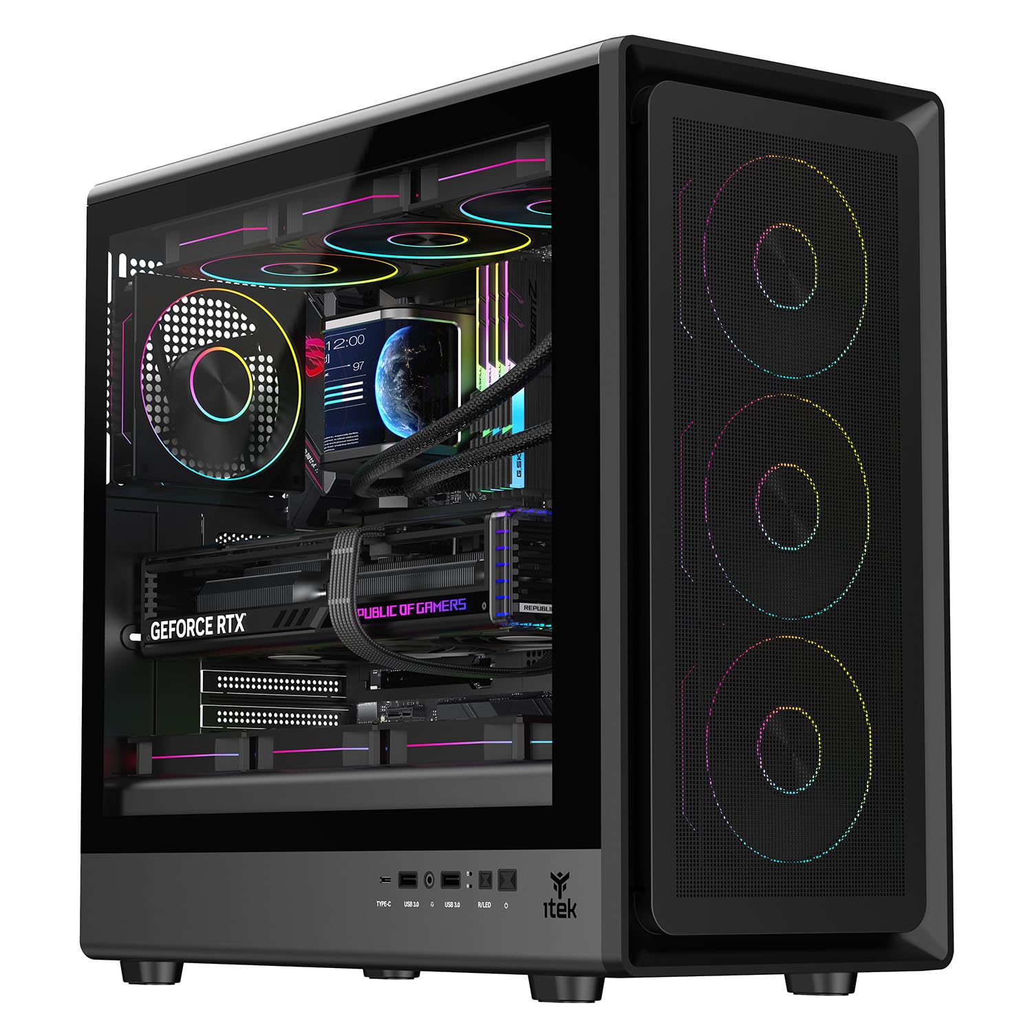Itek Case Gaming MESHCORE 36B – Tower ATX con 4 Ventole ARGB 12 cm incluse, USB-C, 2x USB 3.0 e Pannello Laterale in Vetro Temperato