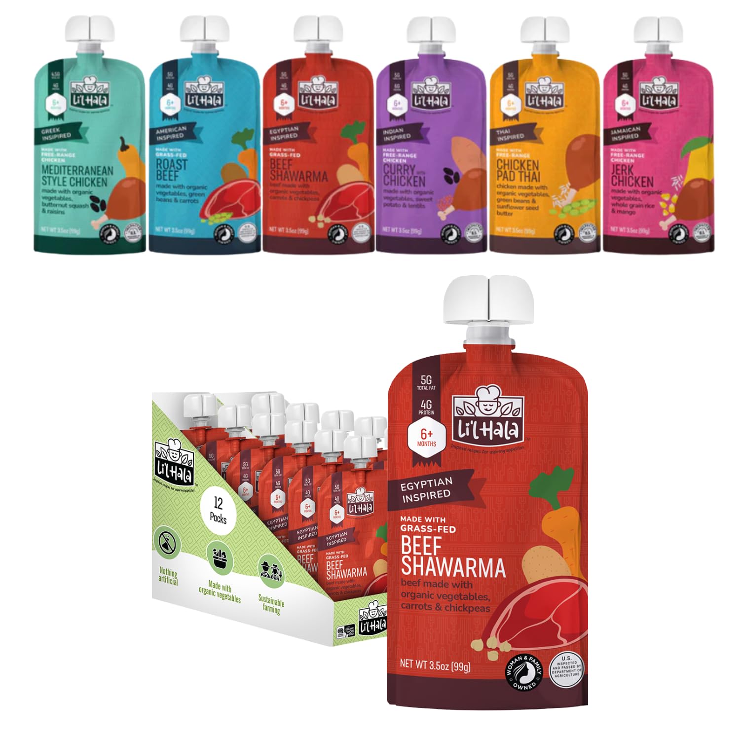 Li’l Hala Baby Food Pouches – 18 Total (Beef Shawarma & Variety Pack) – Grass-Fed Beef & Free-Range Chicken with Organic Veggies – Protein & Healthy Fats – 6+ Months
