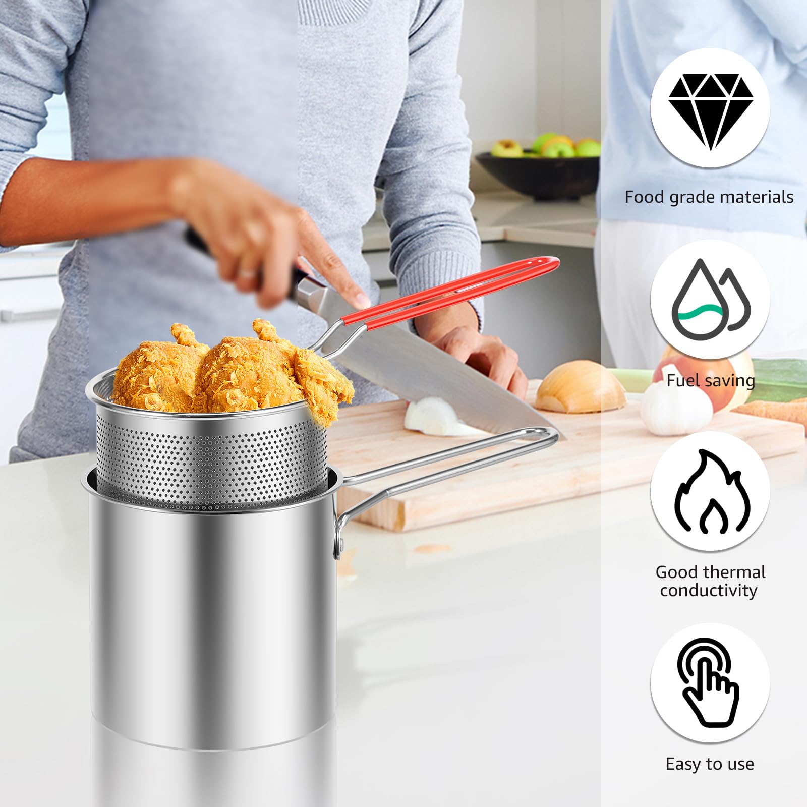 ZJRDYYK Small Deep Fryer Pot with Basket, 304 Stainless Steel Frying Pot,Japanese Tempura Deep Fryer Pot for Frying Fish Shrimp Chicken and Fries (4-piece set)