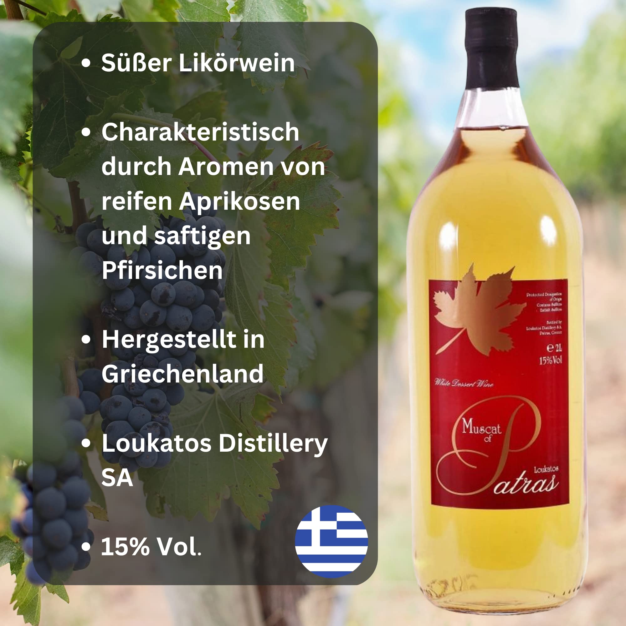 Muskat aus Patras P.D.O. 4x 2,0l Likörwein weiß | Griechischer Dessertwein von Loukatos | + 20ml Jassas Olivenöl