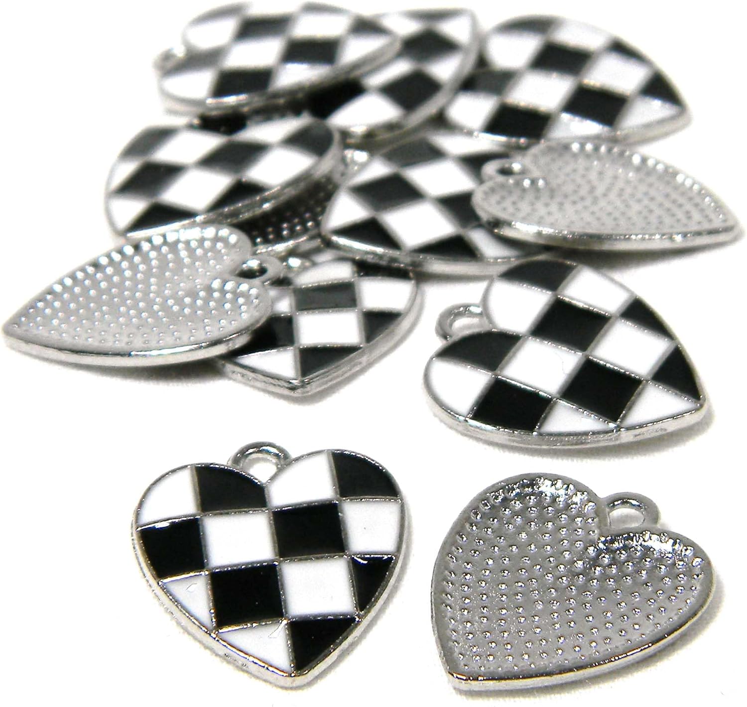 12 Black & White Checkered Racing Flag Heart Shaped Silver & Enamel Race Finish Silver Metal Charms