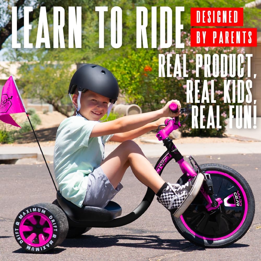 Drift Trike for Kids Ages 5+ – 16" Front Wheel Ride-On with Adjustable Seat, Steel Frame, Rear Slick Drift Wheels & Safety Flag – Madd Gear (Pink/Teal)