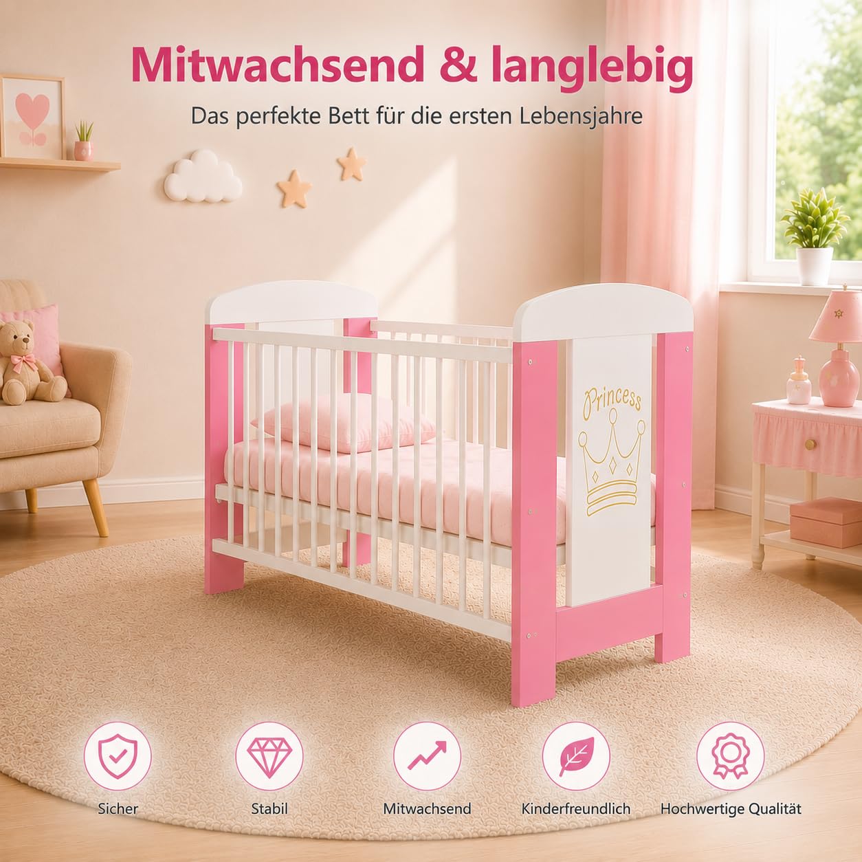 Kompletny zestaw łóżeczka niemowlęcego w 3 kolorach: łóżeczko z kratką, Baby Crib z materacem piankowym 10 cm, białe, 60 x 120 cm, 4-częściowy (różowy księżniczka z materacem)