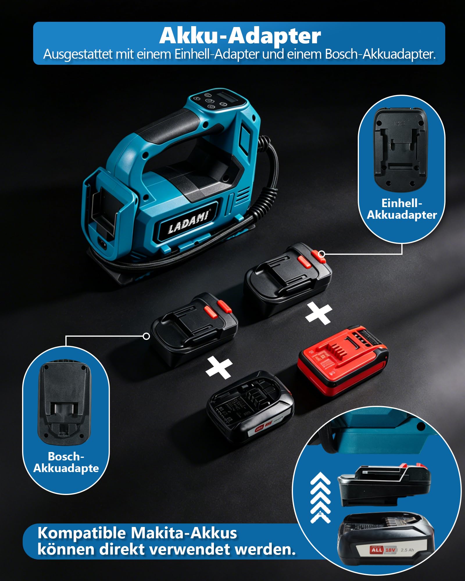 Akku-Kompressor für Makita 18V,Akku Luftpumpe bis150 PSI mit LED-Licht & Autostopp,Tragbare Luftpumpe mit Digitales Manometer,Elektrischer Luftkompressor für Auto, Motorrad,Fahrrad,Sportbälle