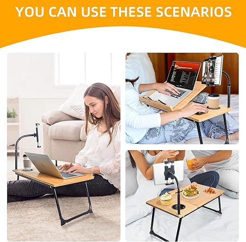 Miniatura 3 de wishacc - Escritorio para laptop en cama, mesa de escritorio ajustable de bambú con cuello de cisne para tablet para laptop, tableta, teléfono,