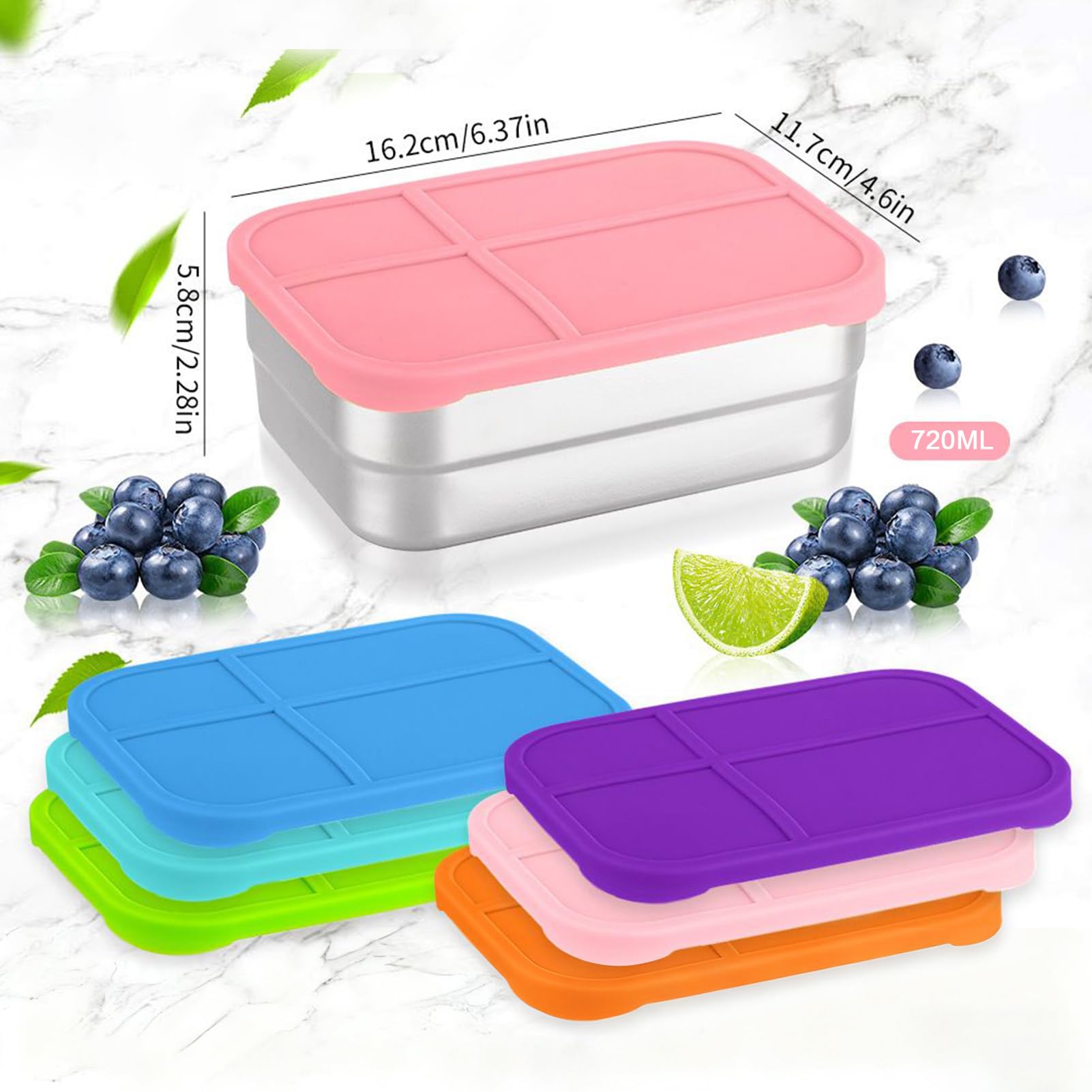 Brotdose Aus Edelstahl - 6 Stück 720ml Mittagessenaufbewahrung Mit Silikondeckel,Stapelbare Lebensmittel Aufbewahrungsdose | Für Büro Zuhause Camping Wandern Schule Reisen Picknick Kindergarten Sport
