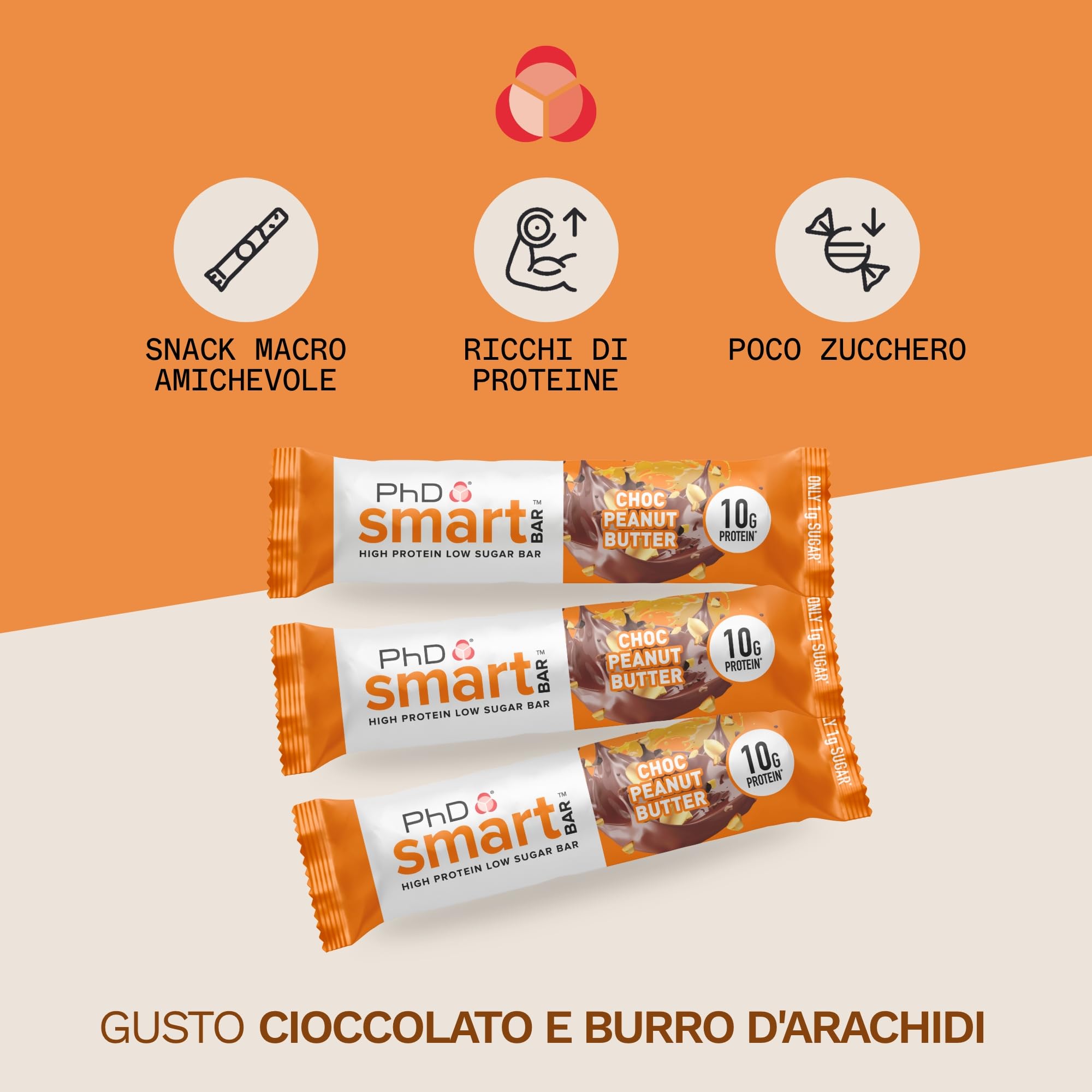 PhD Nutrition Smart Bar Barretta proteica 24x32g Cioccolato e burro d’arachidi - Protein Bar con 20g di proteine e poco zucchero, Adatta per una dieta macro
