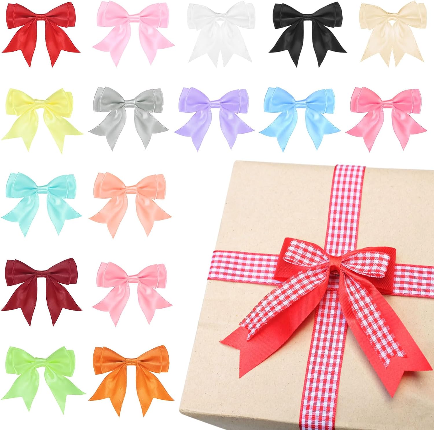 M METERXITY 50-Pack Double-Deck Pre Tied Bows 3.6x2.2 Inch Checkered Fabric Pre Satin Ribbon Bows Boutique for Craft DIY/Treat Bags/Hair Bow Sewing/Wedding/Party/Christmas [Lilac] image 4