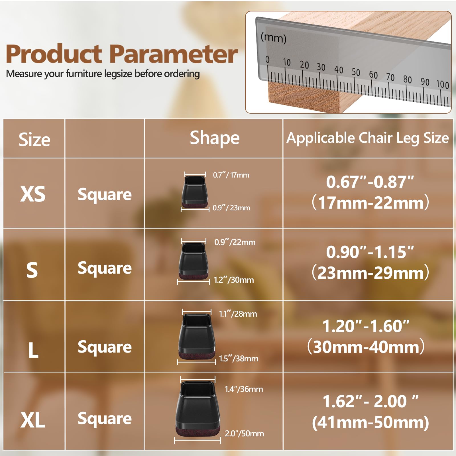 Protezioni per gambe della sedia quadrate, tappi in silicone per gambe delle sedie con feltro, protezioni per pavimenti in legno, per proteggere i pavimenti dai graffi