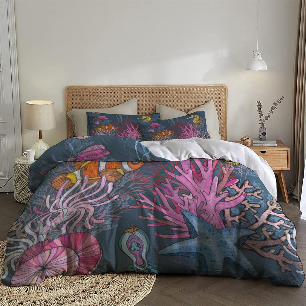 NIBAINLO 布団カバー海洋動物とクマノミ、サンゴをモチーフにしたマリンテーマ 肌に優しい ピーチスキン加工 掛け布団カバー 和式 洋式 あったか 布団カバーセット リバーシブル ホームステイ ホテル 家庭兼用