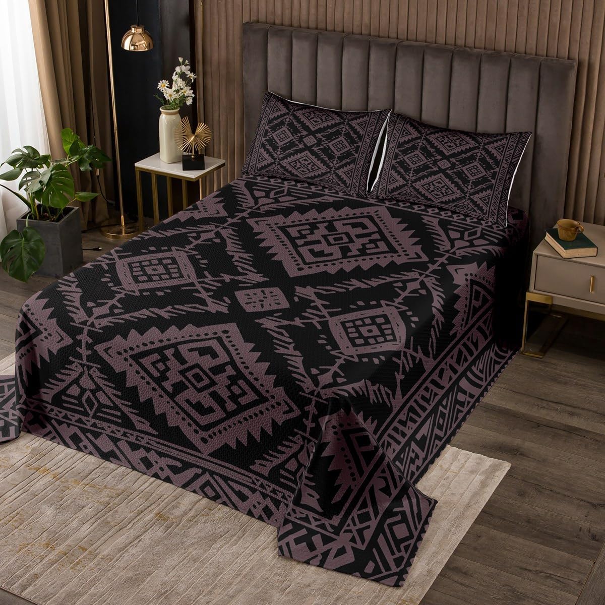 Erosebridal Black Grey Boho Quilt Set Twin Tribal Aztec Geometric Bedspread Native American Southwestern Coverlet Set for Kids Adults,Western Decor Bedding Quilted