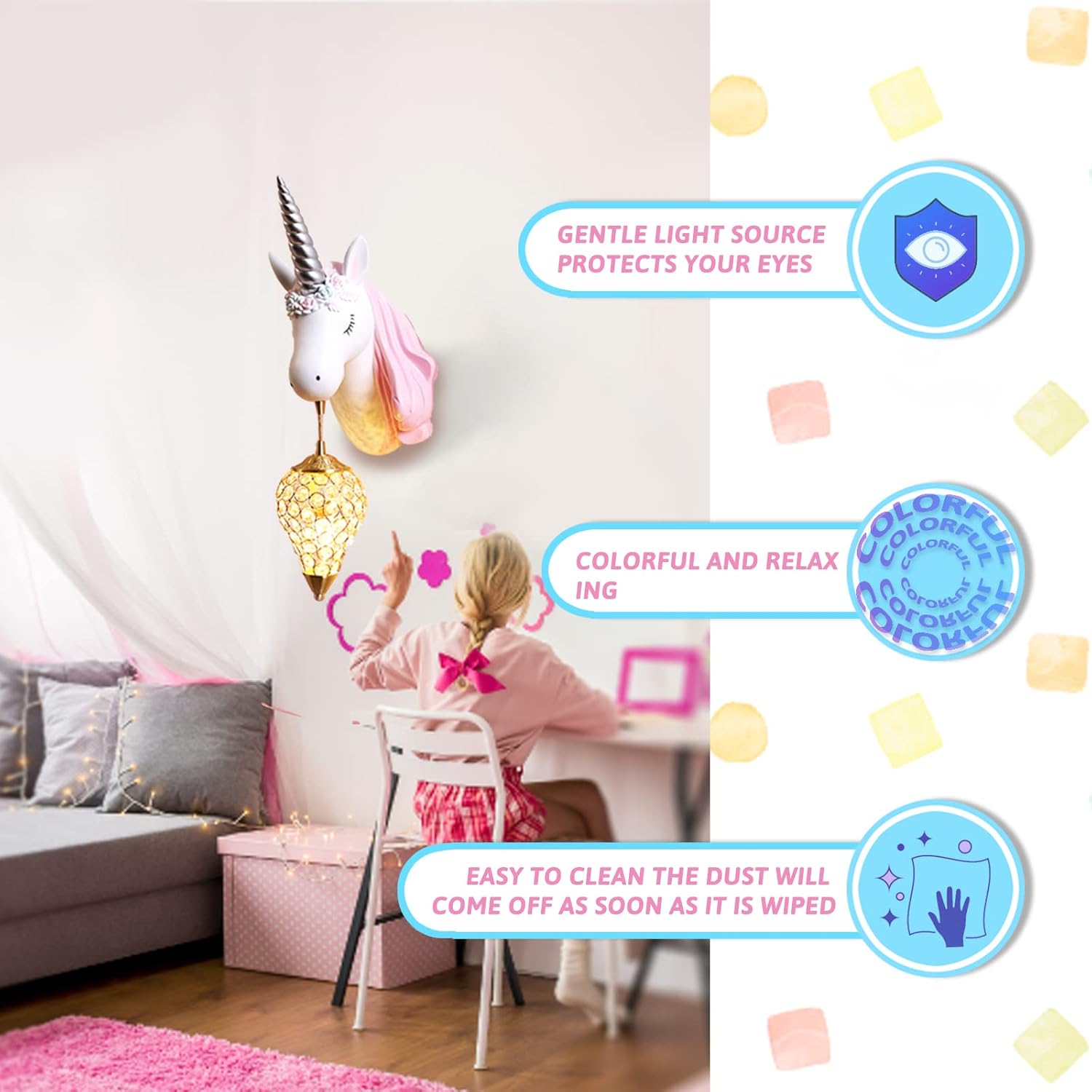 PURESILKS Pink Unicorn Wall Lamp, Wall Sconce for Room Decor, Unicorn Crystal Hollow-Out Ball Wall Decor Lamp, Girls Bedroom Wall Light, LED Night Light for Children Kindergarten Bedroom Decoration