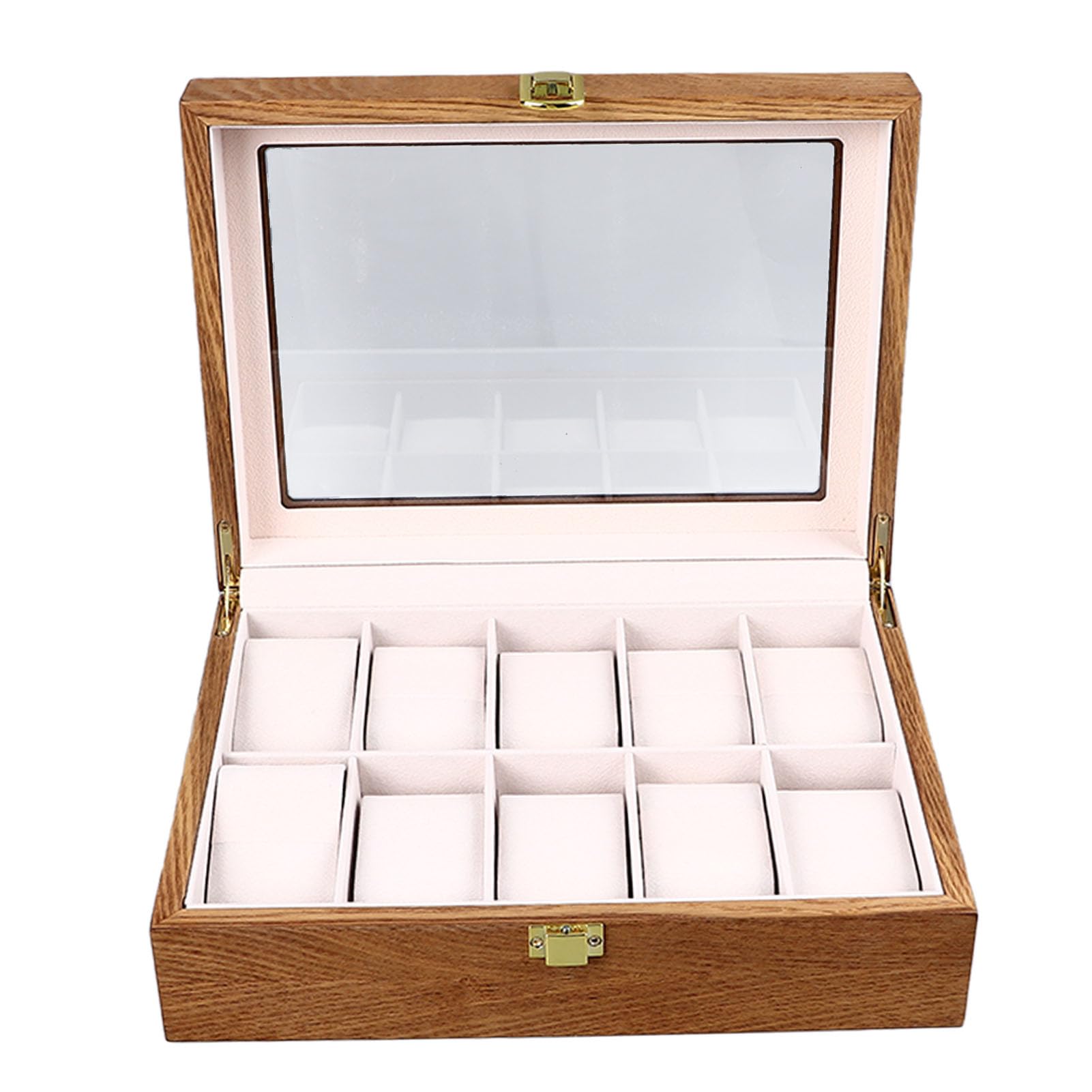 HVMBEUGOS Wood Watch Organizer Box, 10 Slots Display Case, Glass Lid and Removable Pillows, for Men and Women Watches and Jewelry, Large Watch Holder Display