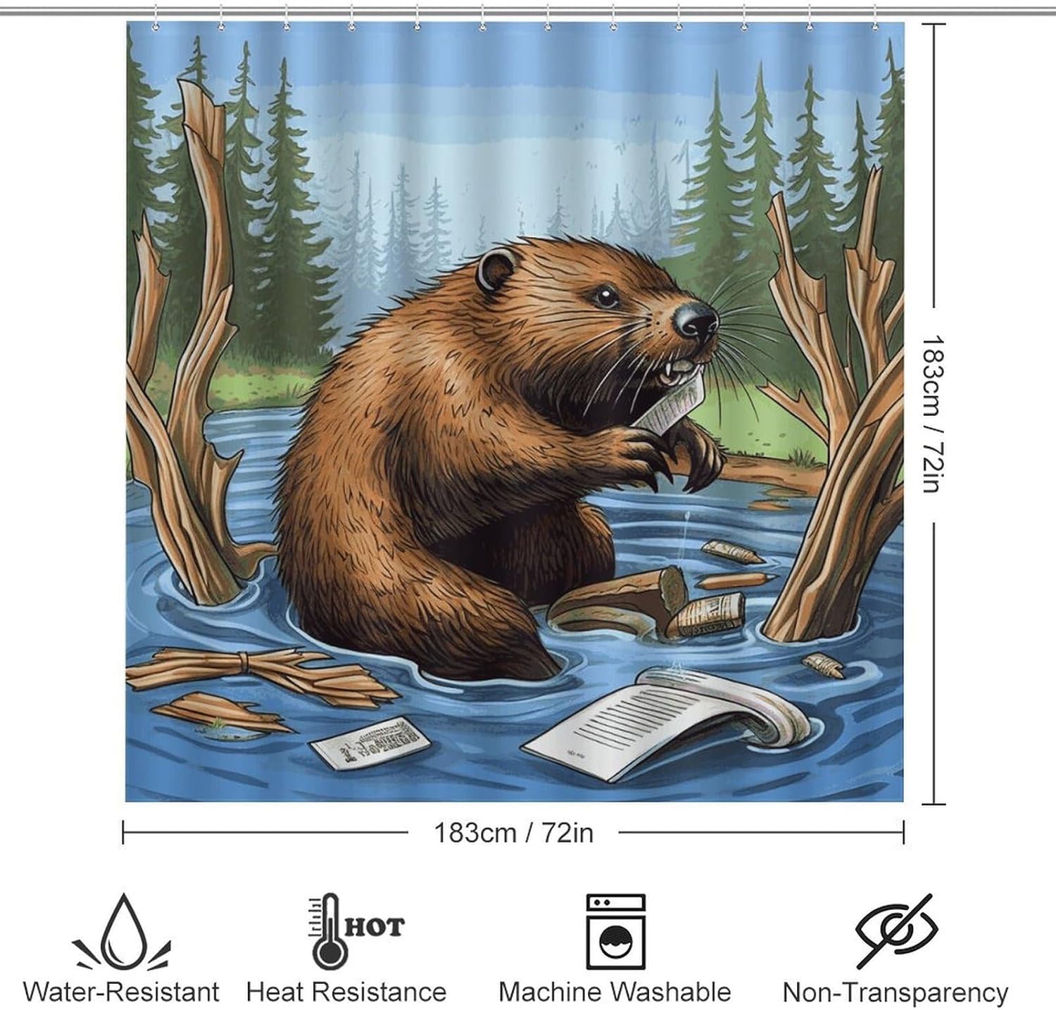 Busy Beaver Cartoon Shower Curtains Set 4 Piece with Non-Slip Rugs, Toilet Lid Cover and Bath Mat Soft Bathroom Carpet Waterproof Bathroom Curtain with 12 Hooks for Bathroom Decor