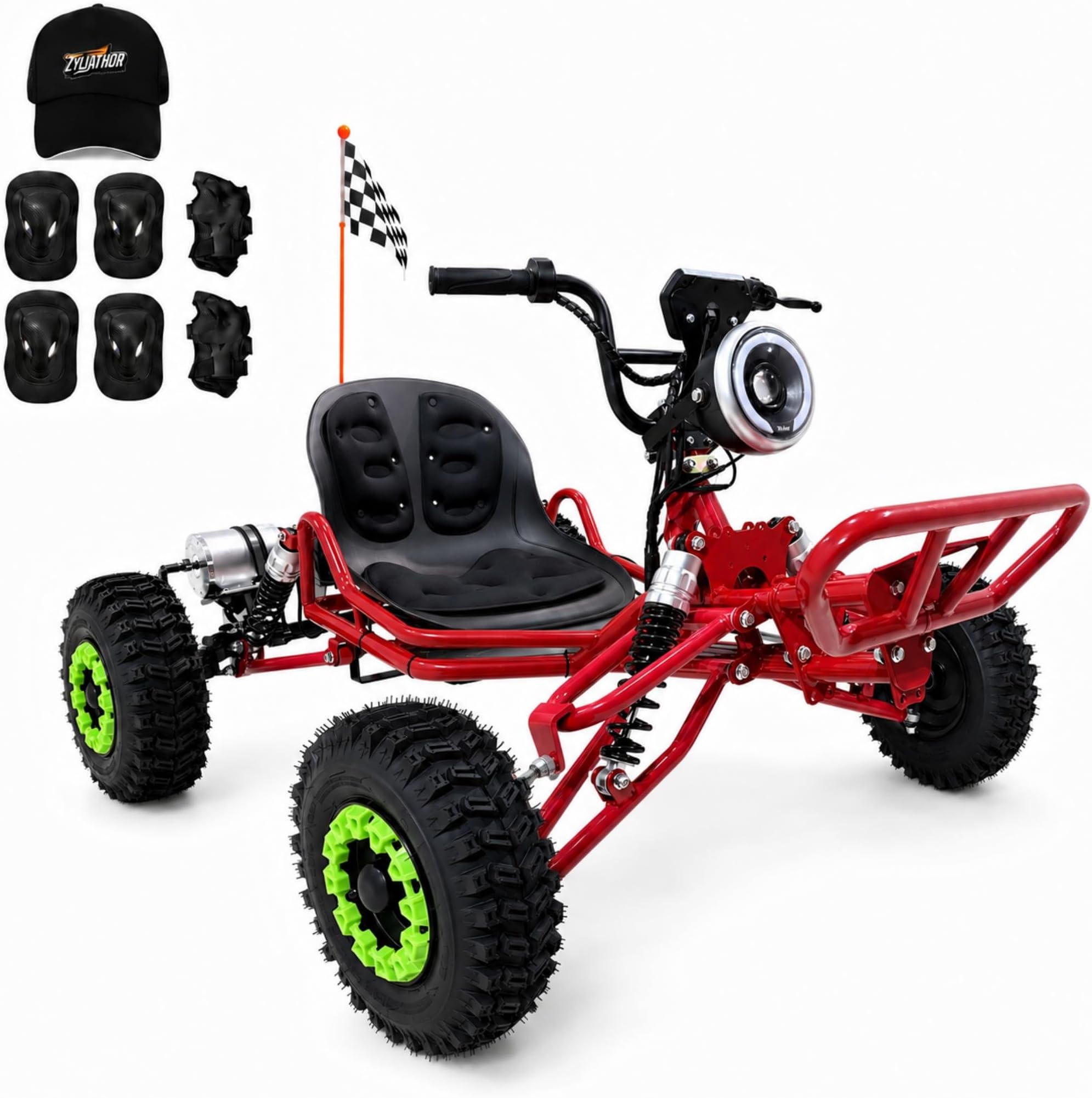 Zyliathor 48V 20Ah Electric Off-Road Go Kart for Adults & Kids (Red) | 30-Mile Range, Peak 2500W, 3 Speed 12-31 MPH, 4-Wheel Suspension, 4.10-6 Tires, Backyard Family Fun