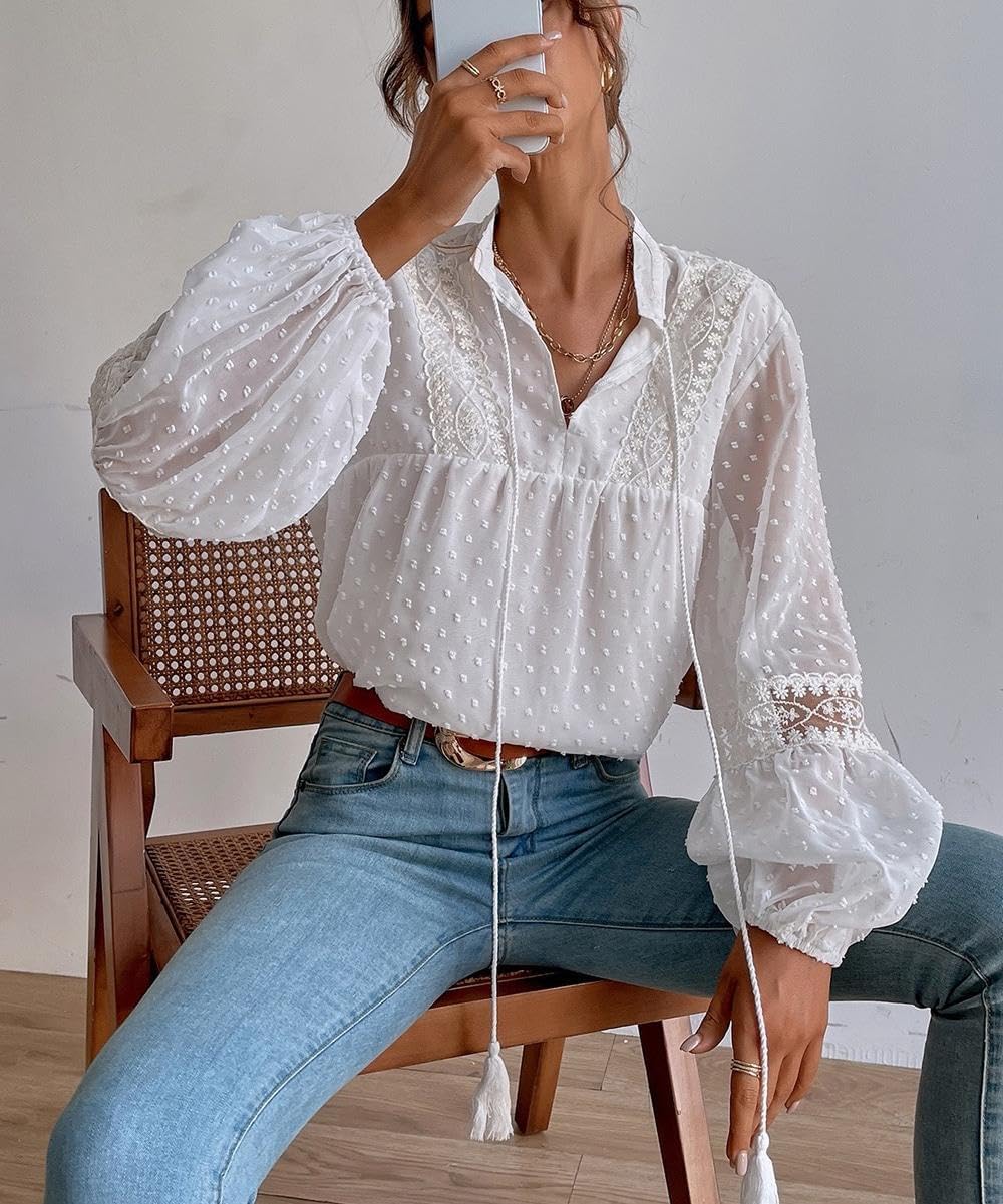 Womens Lantern Long Sleeve Shirt Polka Dot Lace V Neck Casual Blouses Loose Tie Front Drawstring Shirts - Image 4