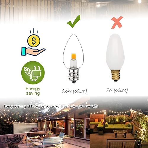 Miniatura 3 de Jslinter Paquete de 12 bombillas LED C7 nocturnas, base de candelabro E12, equivalente a 0.6 W, incandescente de 7 W, blanco cálido transparente de