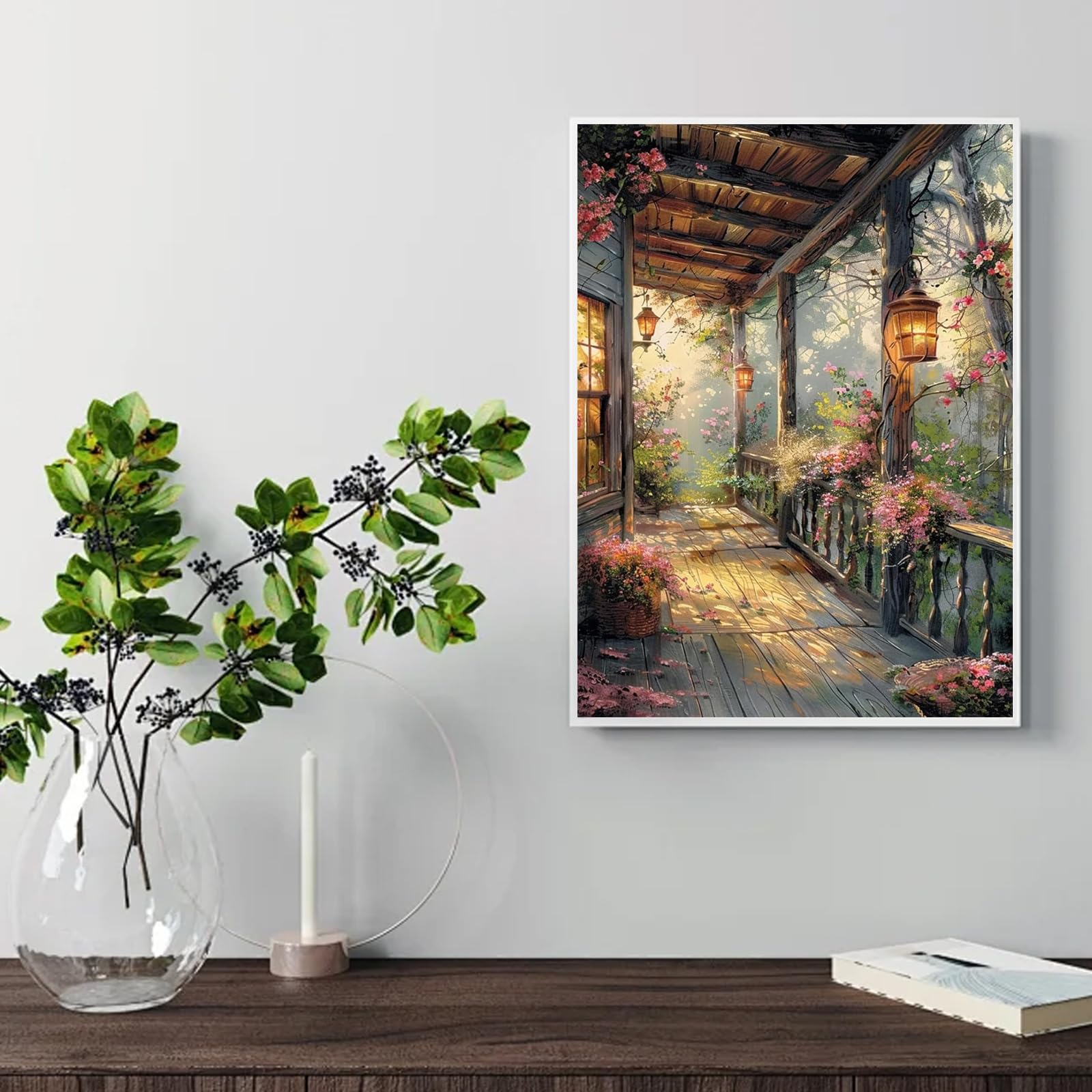 Kits de arte de pintura de diamantes cuadrados, pintura de diamantes cuadrados, arte de diamantes cuadrados, porche de jardín con luces, kits de arte de gemas de flores para adultos y manualidades