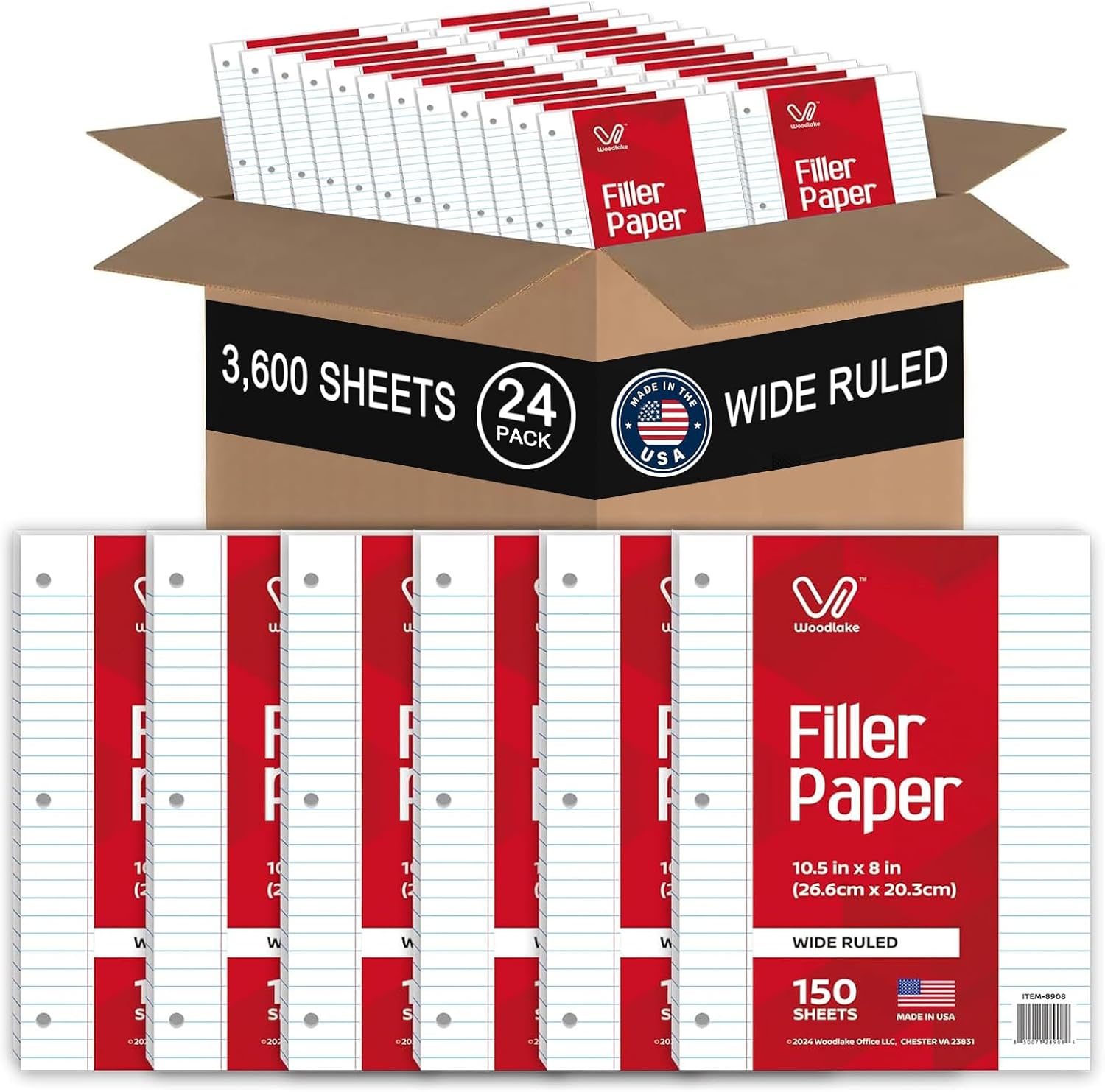 Notebook Paper USA-Made Loose Leaf Paper, 24 Pack 3600 Sheets 8"x10.5" Wide Ruled - 3-Hole Punched Bulk Filler Paper for 3-Ring Binder, 150 Sheets/Pack, Wholesale Available
