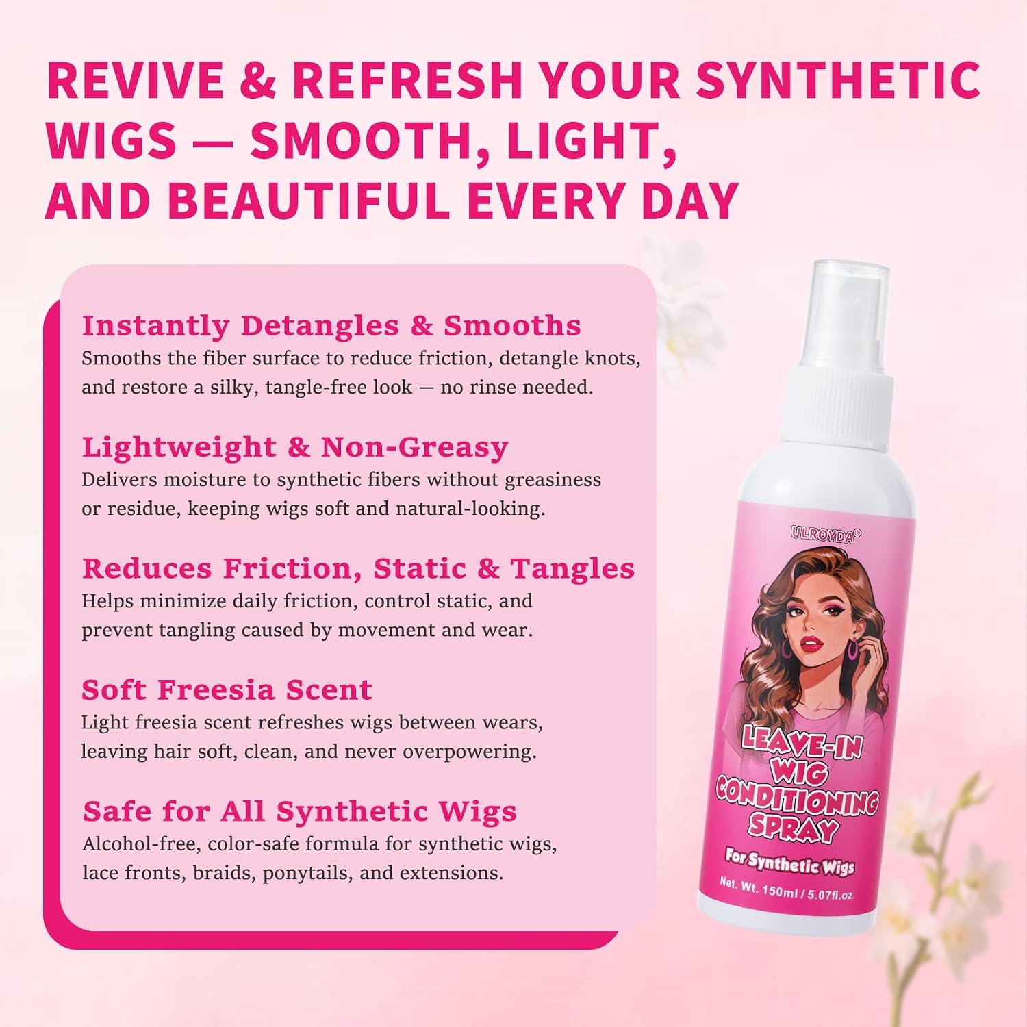 Synthetic Wig Leave-In Conditioner Spray｜Keratin & Jojoba Formula｜Instant Detangle, Smooth & Reduce Frizz｜Daily Fiber Refresh｜Non-Greasy, 5.07 fl oz