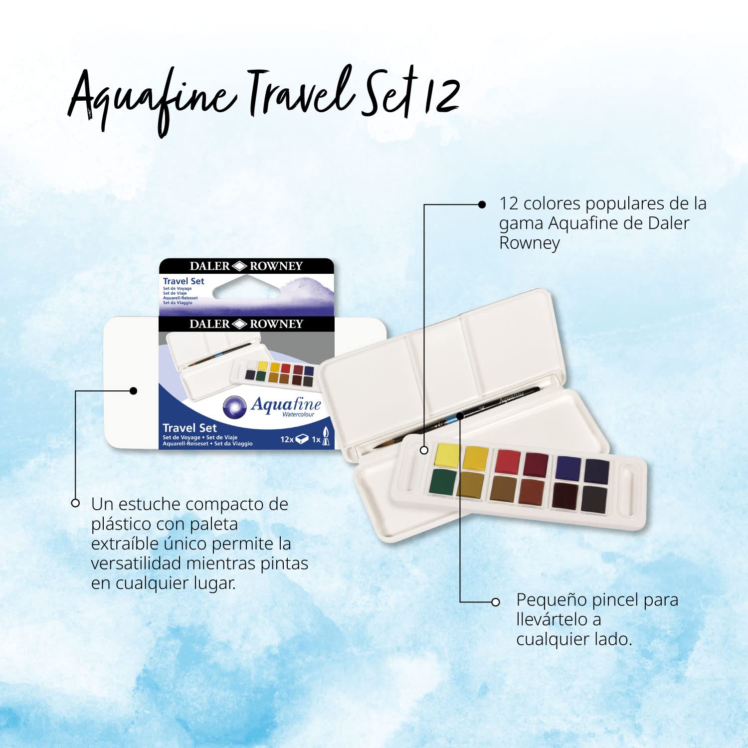 Pack Bloc Canson XL Aquarelle A4 con 30 Hojas, Acuarelas 12 Aquafine Travel Set Daler Rowney y 3 Pinceles Redondos. Set Completo de Acuarela Profesional para Todas las Edades - Ofituria