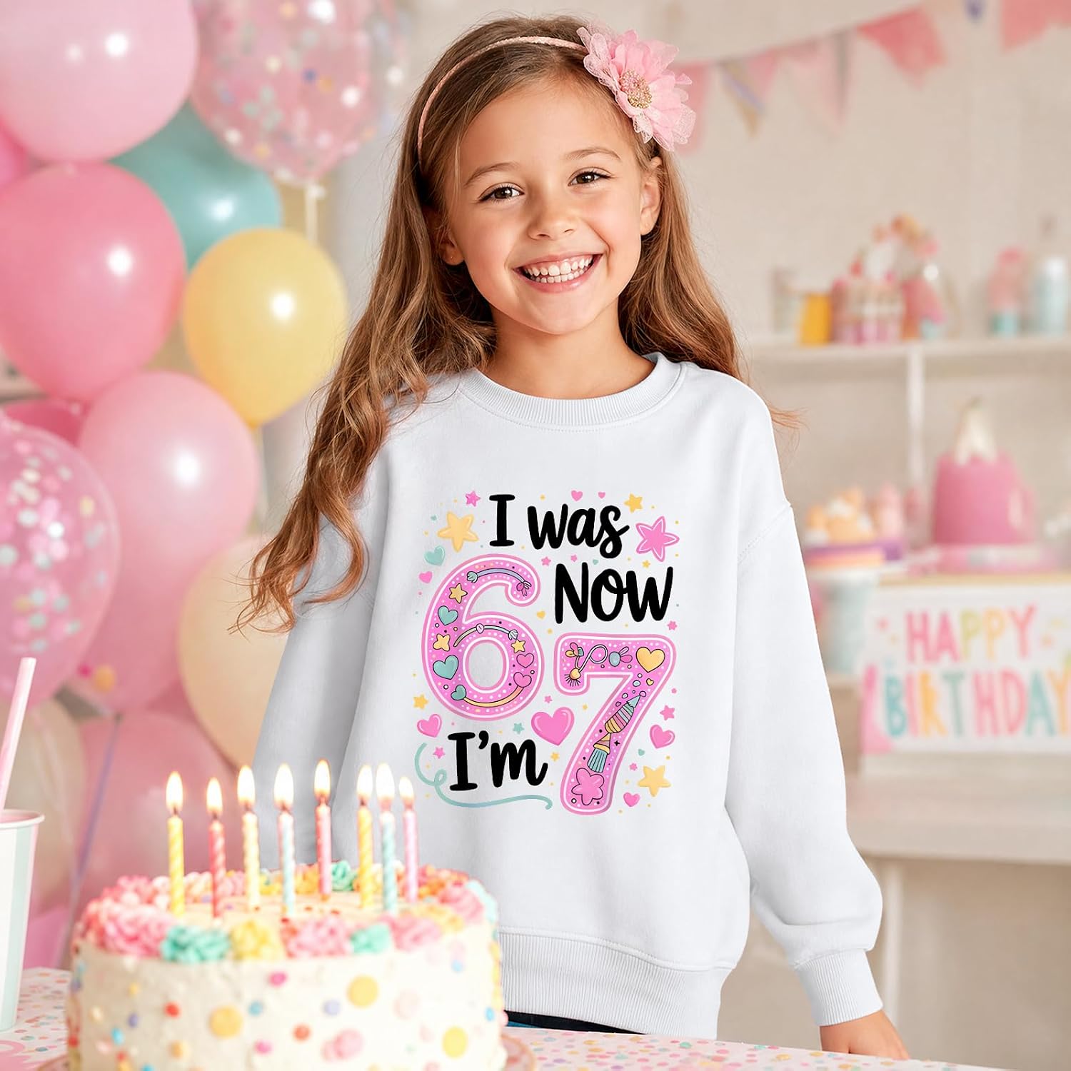 I Was 6 Now Im 7 Sweatshirt for Girls 6 7 Decorations Pullover for Kids 7th Year Old Birthday Gifts Cute Graphic Top(White,130)