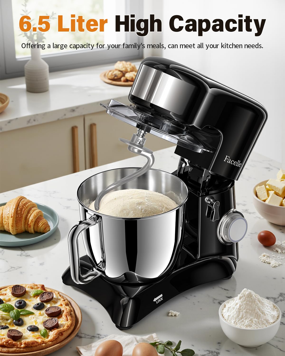 Facelle Robot Patissier, Bol 6,5L en Acier Inoxydable, 1300W Puissant, 10 Vitesses Robot Cuisine, Mixeurs, Batteurs et Robots Multifonctions