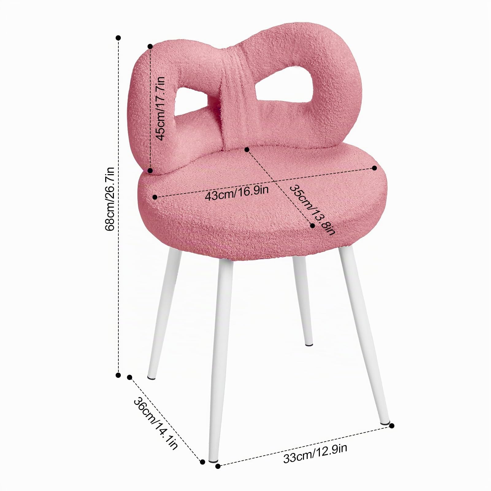 Tabouret de coiffeuse avec dossier en nœud - Chaise de bureau avec dossier pour femmes et filles - Chaise de maquillage - Pieds réglables - Siège de coiffeuse sans accoudoirs