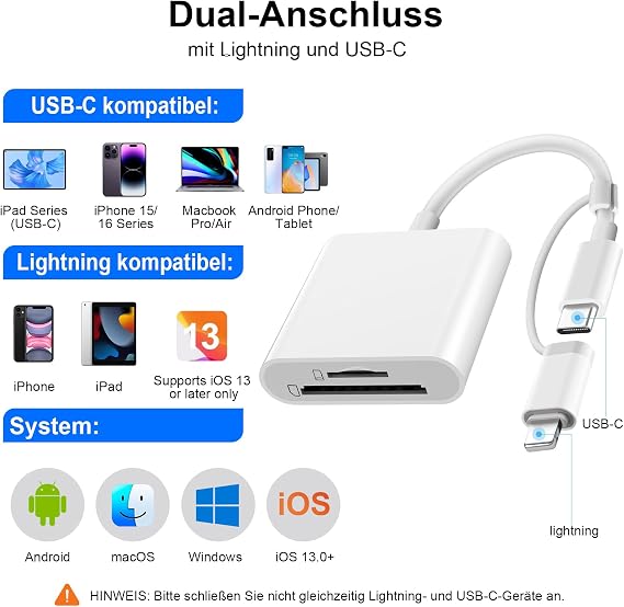 SD Card Reader USB-C & Lightning with SD and Micro SD/TF for iPhone Apple MFi Certified Plug and Play Card Reader for iPhone15/16/17/iPad/MacBook/Laptop