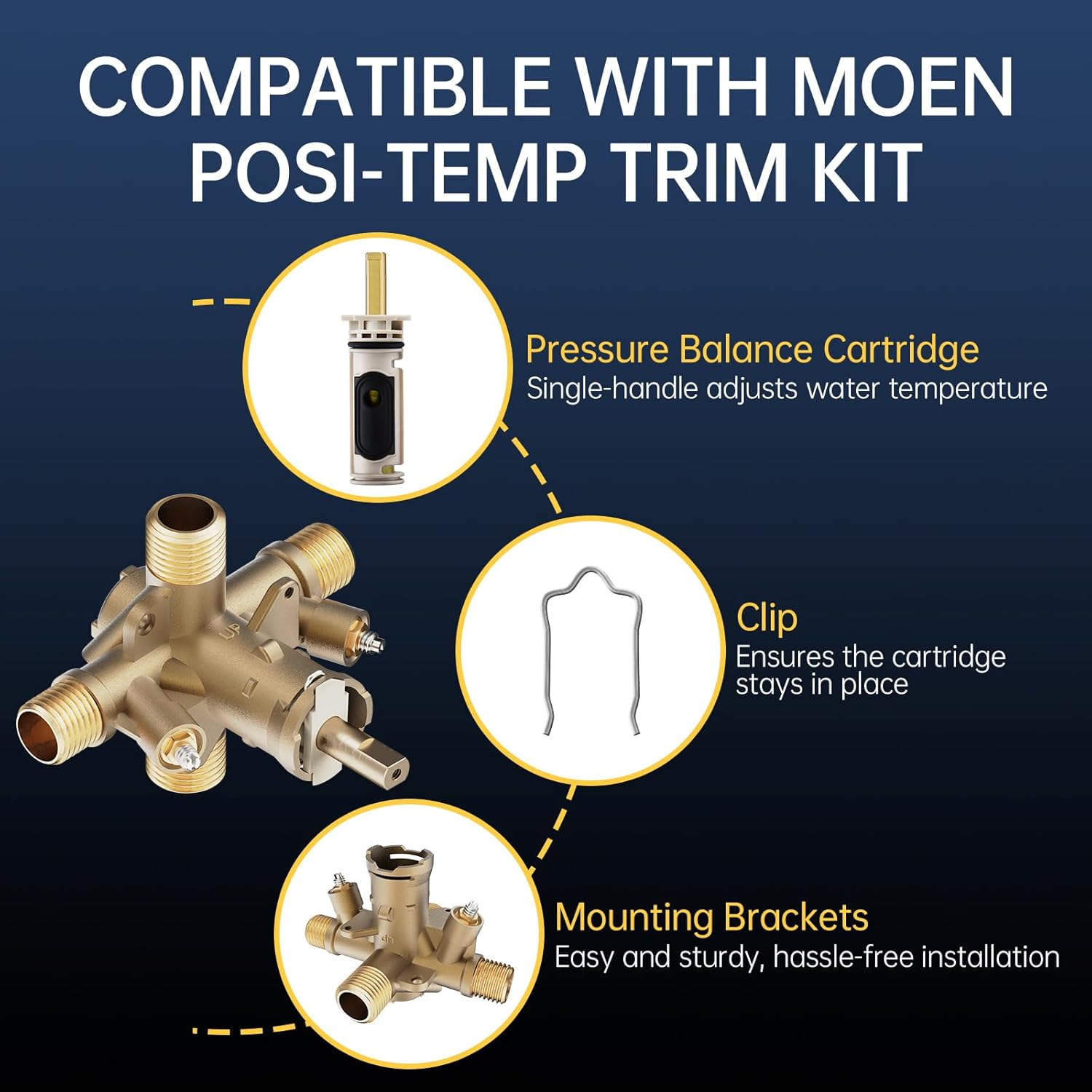 Shower Valve Replacement for Moen Posi-temp Valve, Brass 4 Port Valve, 1/2 Inch Connection, Adjustable Water Temperature & Scald Guard, Bathtub and Shower Rough-In(with Screwdriver Stops)
