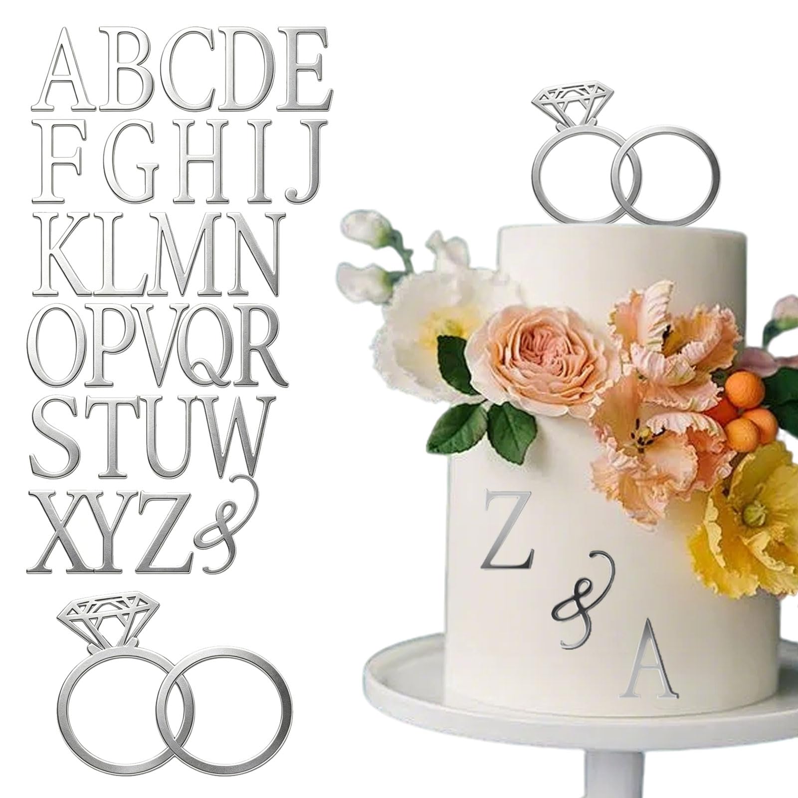Floruvia Wedding Cake Topper Diamond Ring Cake Topper with 26 Letters Personalised Bride and Groom Initials Sign (Silver)