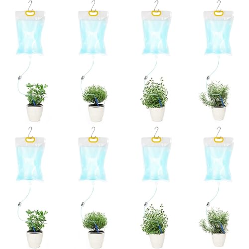 AHOUGER 8Pcs 3500ml Plant Life Drip Watering Bag, Automatic Drip Irrigation Kit Plant Watering Devices System Waterer for Indoor Outdoor Potted Plant with 8Pcs Hooks with Control Switch