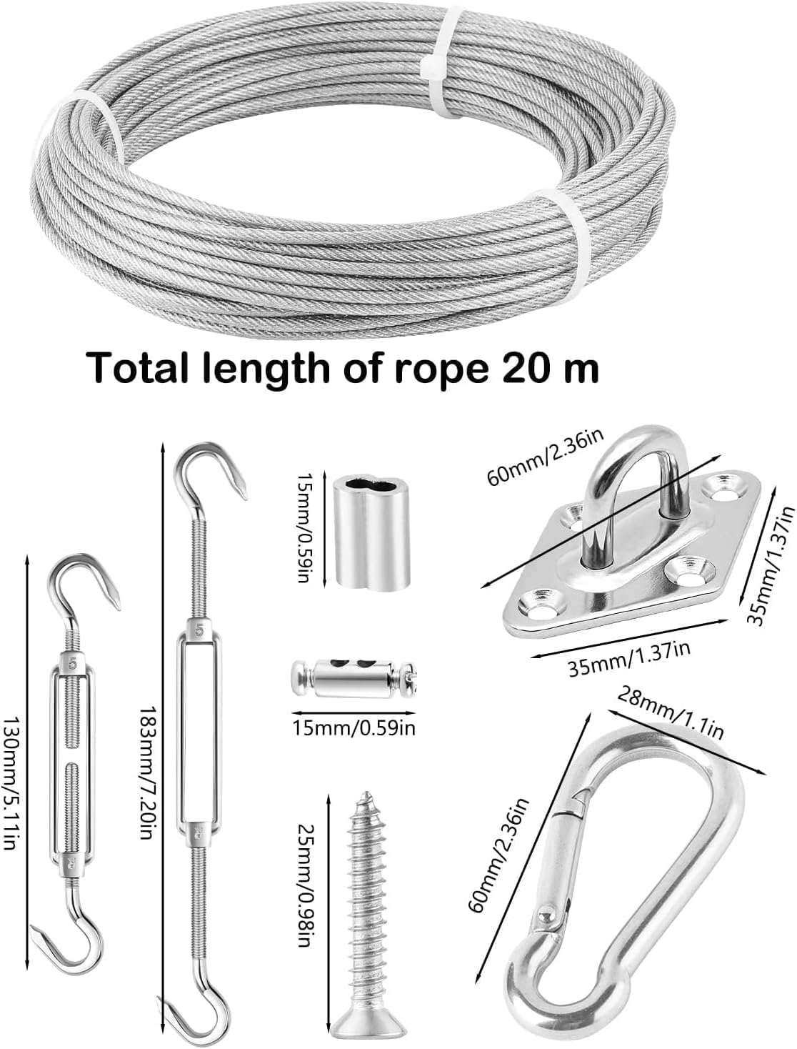 Kit de fijación de toldo con Cable de Alambre de 3 mm de 20 m, Kit de fijación de toldo de Acero Inoxidable 304, Kit de Accesorios de Hamaca para Colgar toldo para jardín, triángulo y