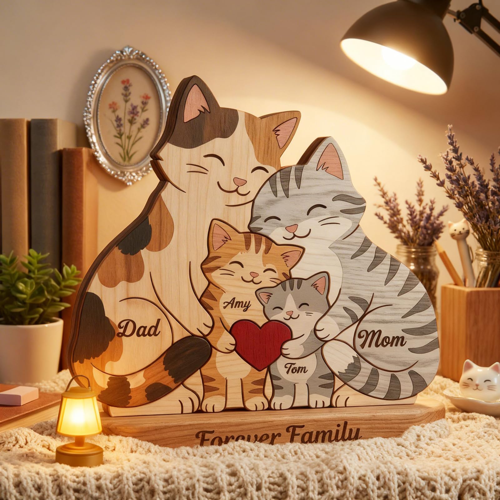 Drawelry Festa della Mamma Puzzle Famiglia Legno Personalizzato, Puzzle Legno Famiglia Personalizzato Animali con 2-10 nomi, Compleanno Natale Anniversario Decorazioni Casa (Gatto colorato)