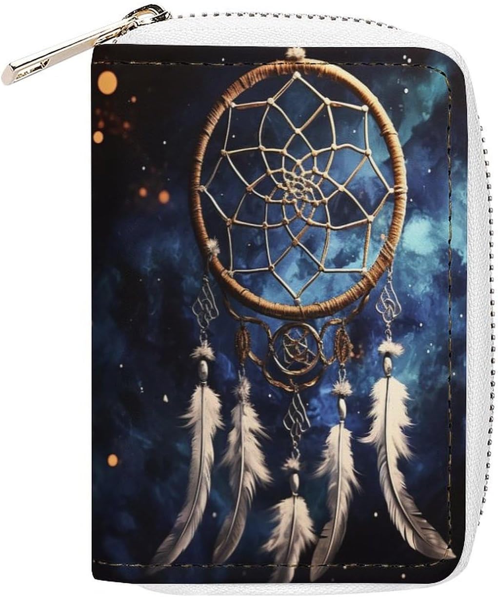 Leather Card Organizer Case Card Wallet Credit Card Holder White Fantasy Dream Catcher Printed Zipper Card Cases Holder for Women Men