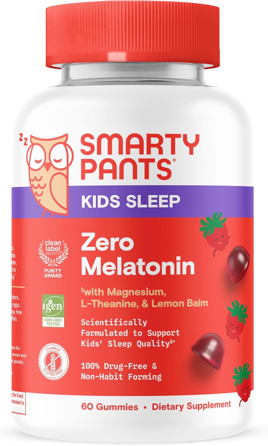 SmartyPants Kids Sleep Gummies Supplement Zero Melatonin: L Theanine, Lemon Balm & Magnesium, Sleep Aid, Strawberry Flavor, 60 Count