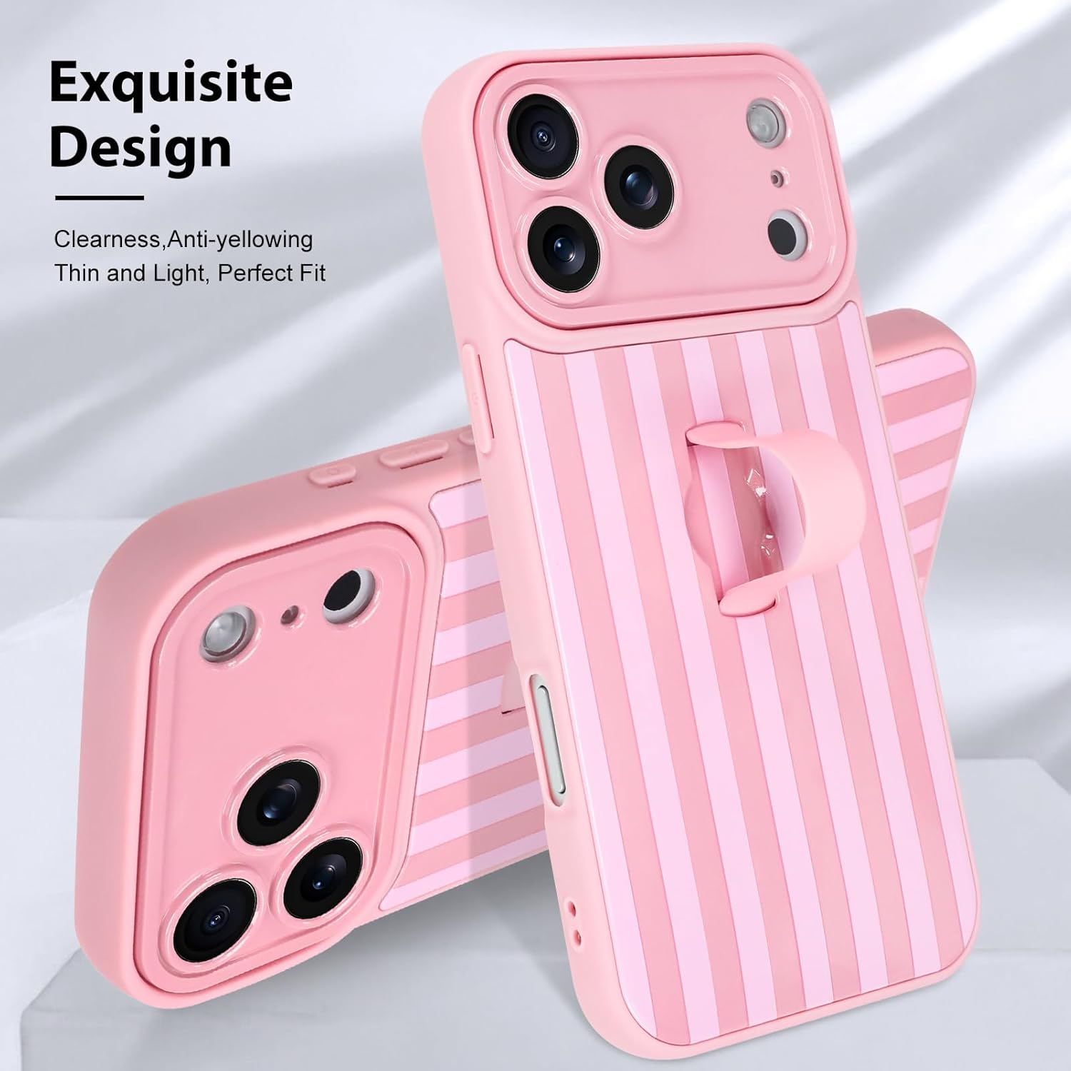 KANGHAR Compatible with iPhone 17 Pro Max Case 2025, Silicone Stripes Cute Pattern, Wristband Kickstand Camera Protection Soft Slim Cover for Girls Women -Pink - Image 3