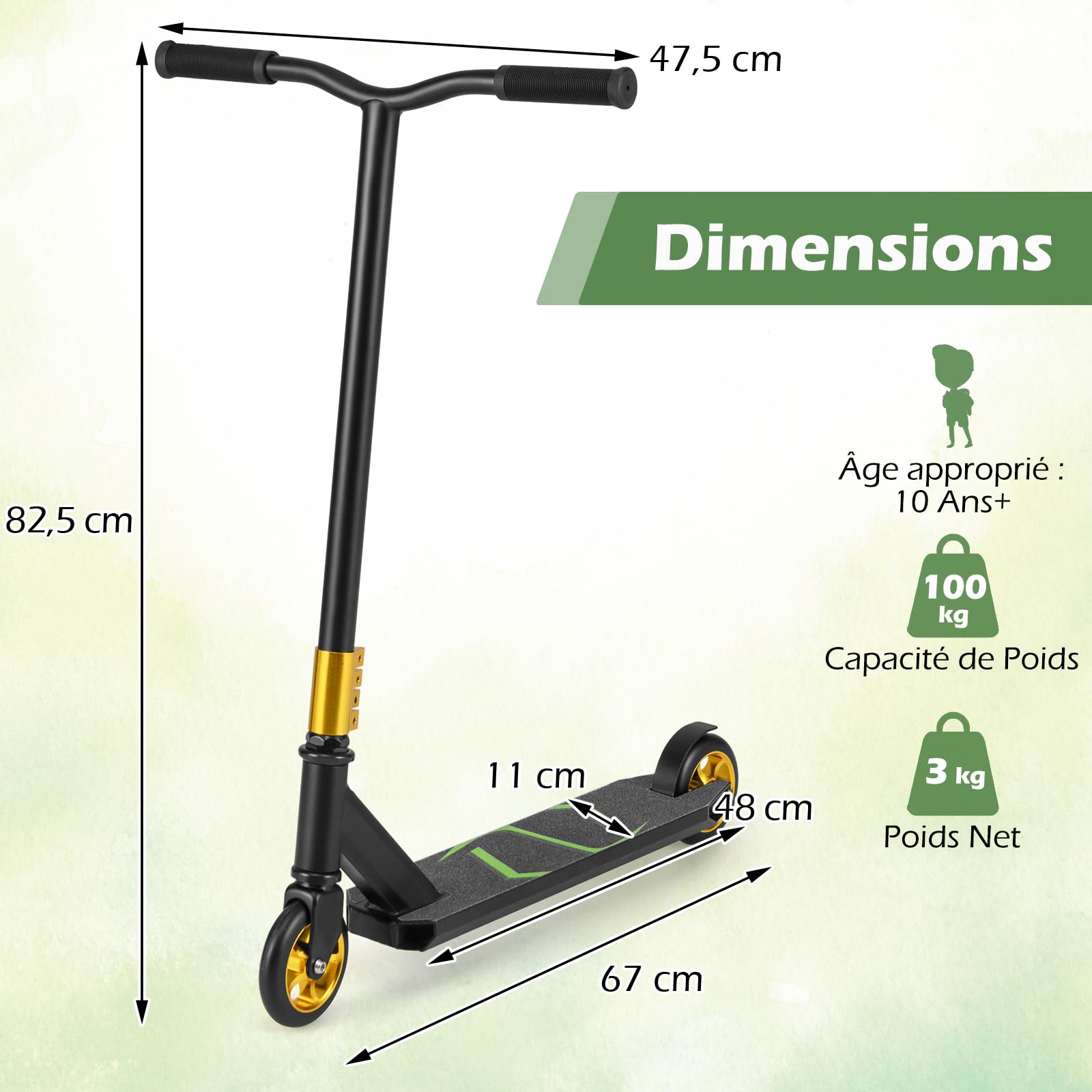 GYMAX Trottinette Freestyle Enfants 10 Ans+, Trottinette Acrobatique Pro, Barre en T en Métal Renforcée, Cadre en Métal Robuste, Plateau en Alliage Léger, Roulements ABEC-7, Capacité 100 Kg
