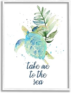 Stupell Industries Take Me to Sea Phrase Abstract Ocean Turtle White Framed Wall Art, 11 x 14, Blue