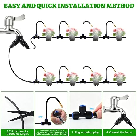 200FT Drip Irrigation System Kit, Garden Watering System with 32 360° Adjustable Spray Rods, 1/4 Inch Irrigation Hose & Quick Connect Y Splitters for Greenhouse Outdoor Plants
