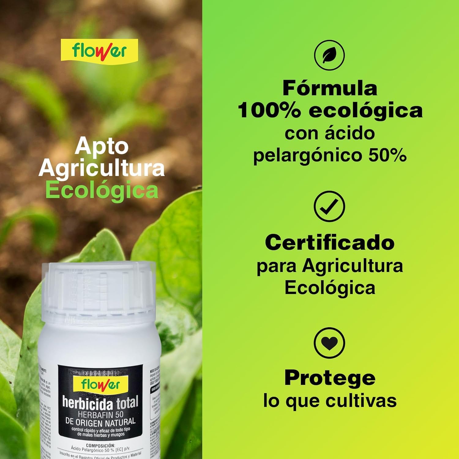 FLOWER x2 Herbicida Total Ecológico de Origen Natural para 300 m² | Elimina Malas Hierbas y Musgo de Acción Rápida | Alternativa Glifosato Súper Concentrado 500 ml para 10L | Resultados en 2H (2 UDS)