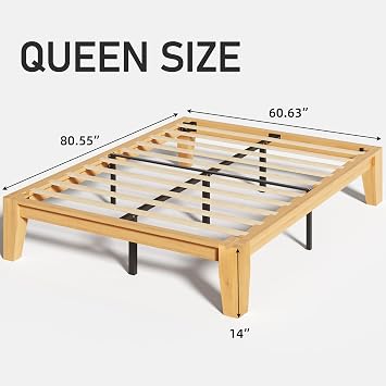 Lifezone Wood Queen Platform Bed Frame, Premium Solid Wood, Sturdy Structure, 3.78 Thickened & 14 Height Legs, Easily Assemble, Mortise & Tenon Joints Patterns, Natural