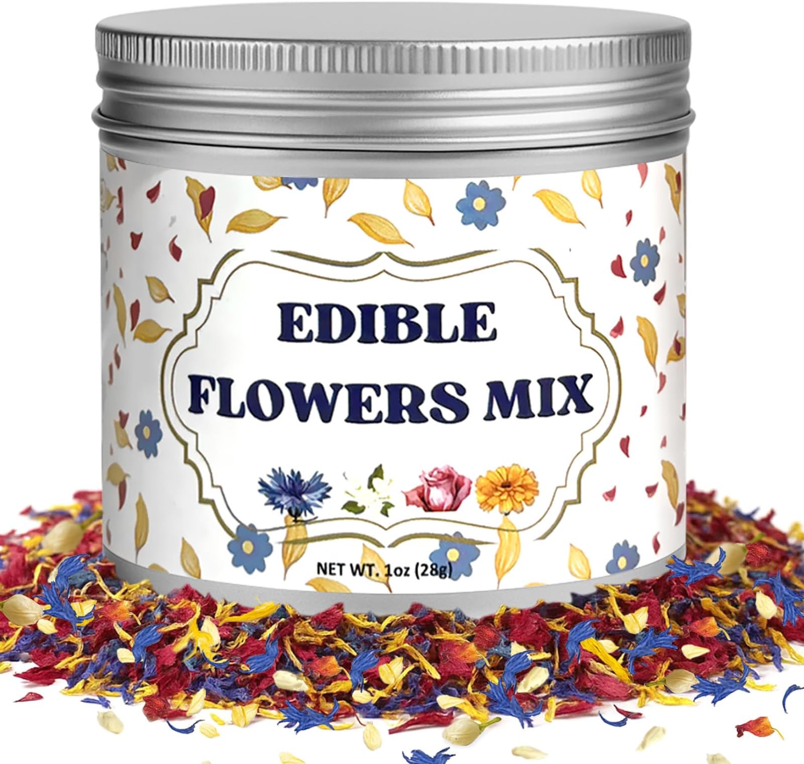 5 Kinds Edible Flowers Petal Mix - 100% Natural Dried Flowers for Cake Decoration, Ice Cream, Cocktails, Tea - Dried Rose Jasmine Calendula Cornflower Petal for Cupcake Toppers and Baking