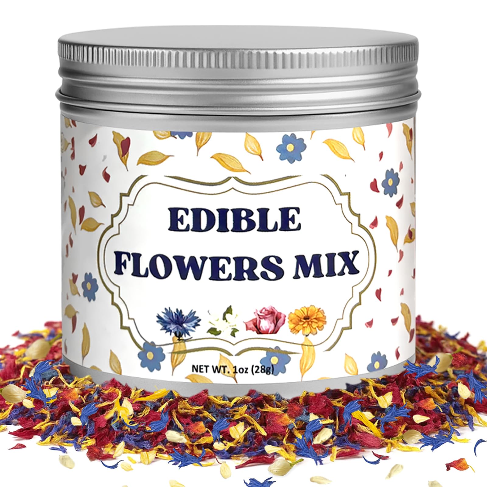 5 Kinds Edible Flowers Petal Mix - 100% Natural Dried Flowers for Cake Decoration, Ice Cream, Cocktails, Tea - Dried Rose Jasmine Calendula Cornflower Petal for Cupcake Toppers and Baking