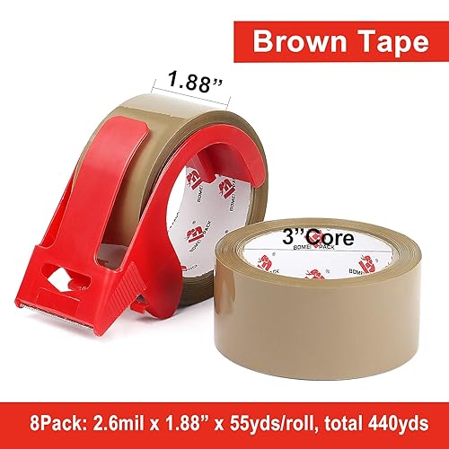 Miniatura 3 de BOMEI PACK Cinta de embalaje marrón resistente con dispensador, 2.6 mil, 1.88 pulgadas x 55 yardas, paquete de 8, ultra fuerte, repuesto para caja